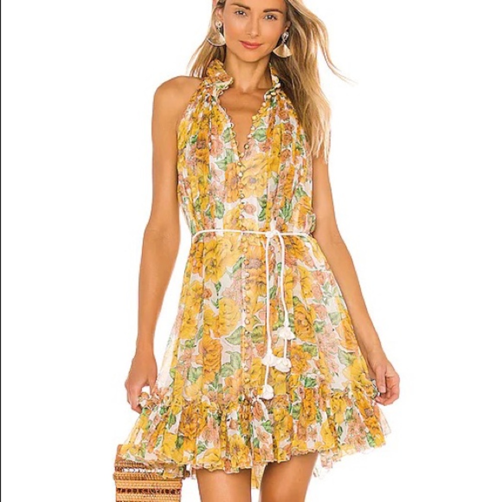 Zimmermann Yellow Floral Halter Mini Dress with White Tie